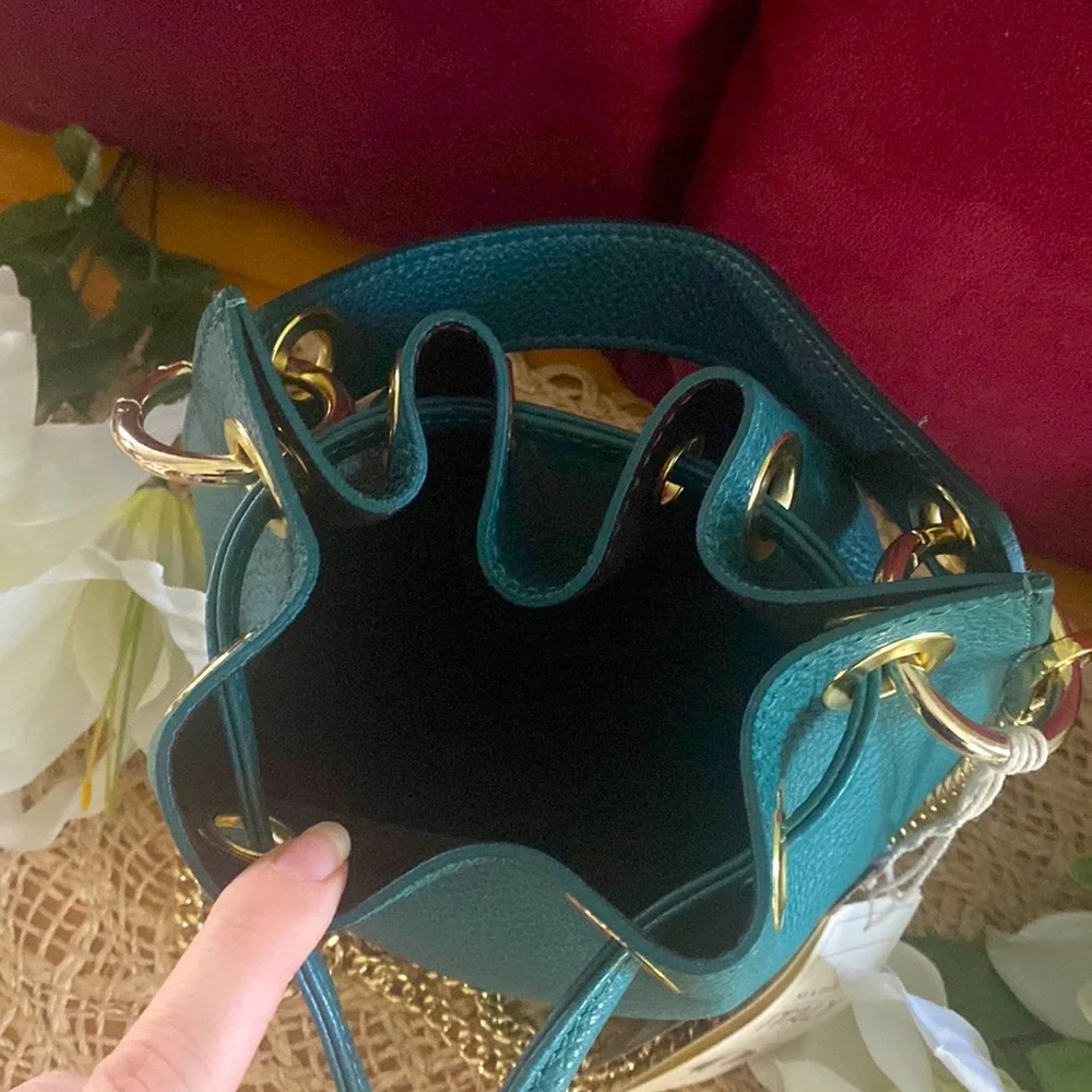 Anna Paola Italian Leather Bucket Bag + Crossbody Bag, Teal - Picture 4 of 16